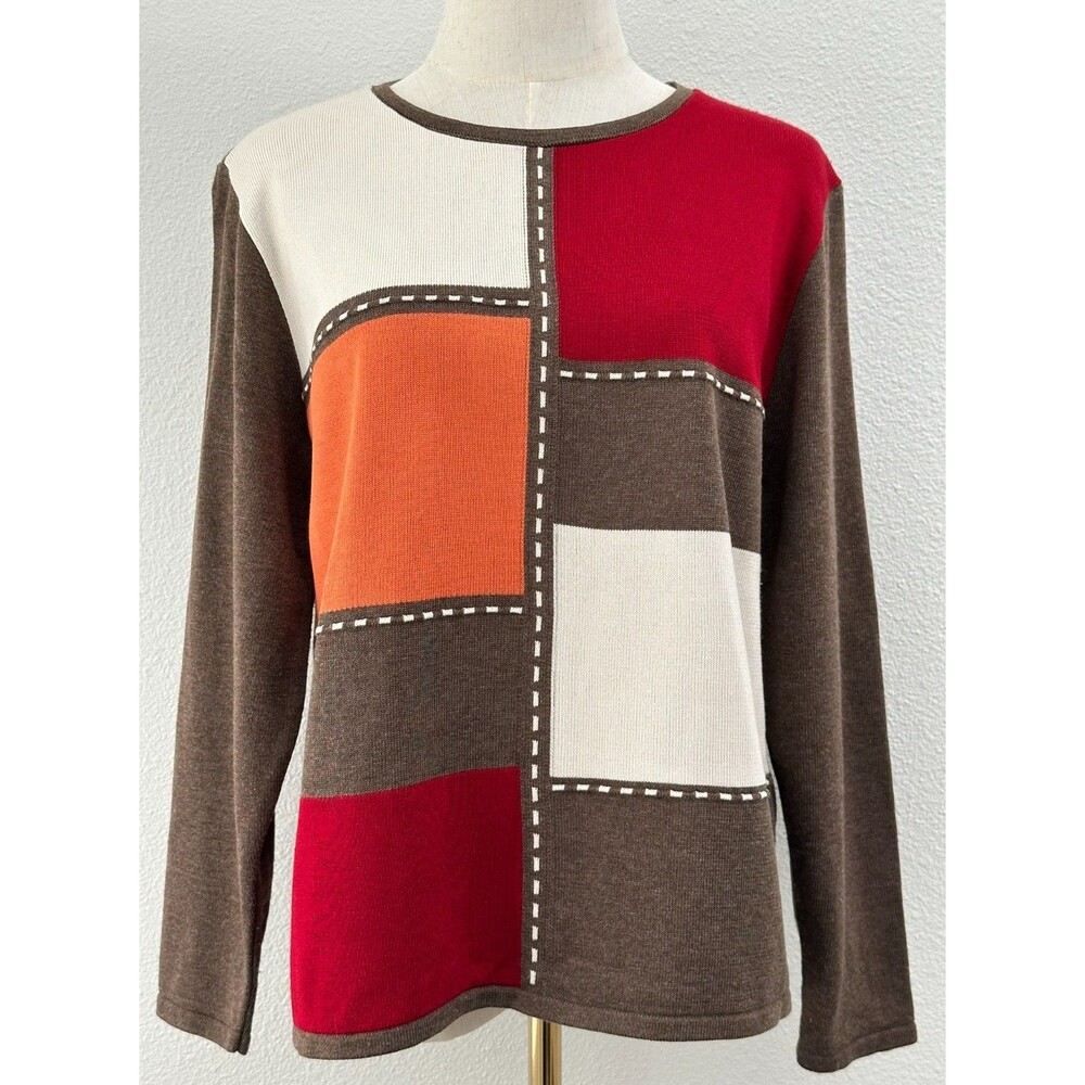 VTG Alfred Dunner Petite PXL Y2K Colorblock Patchwork‎ Knit Top Brown Red Cream